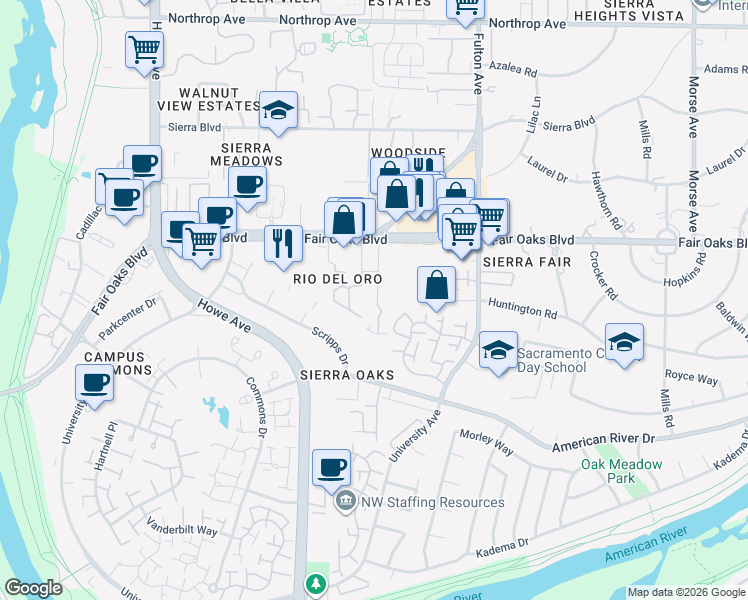 map of restaurants, bars, coffee shops, grocery stores, and more near 320 Fairgate Road in Sacramento
