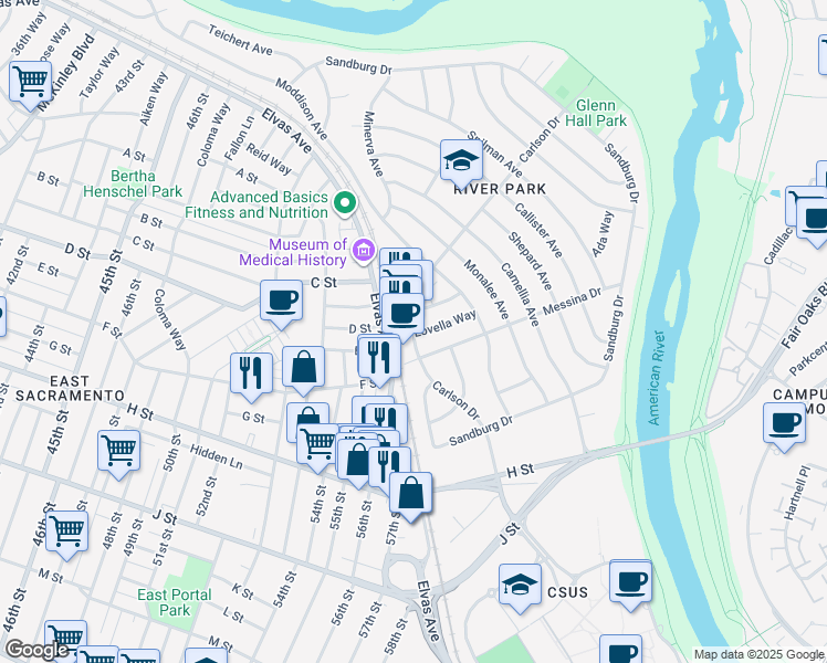 map of restaurants, bars, coffee shops, grocery stores, and more near 5491 Carlson Drive in Sacramento