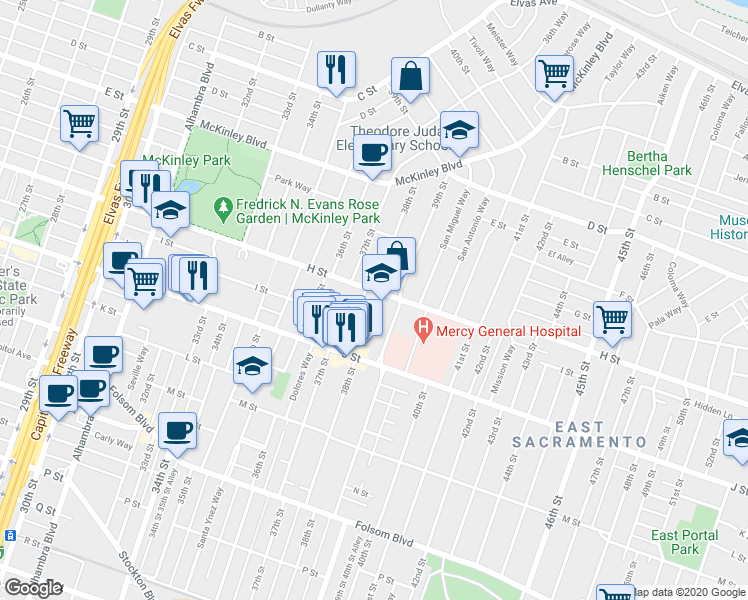 map of restaurants, bars, coffee shops, grocery stores, and more near 3801 H Street in Sacramento