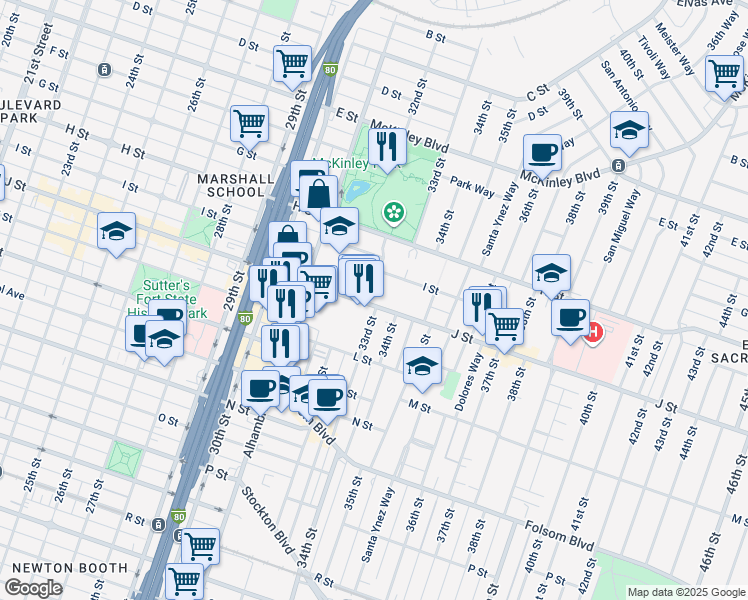 map of restaurants, bars, coffee shops, grocery stores, and more near 940 33rd Street in Sacramento