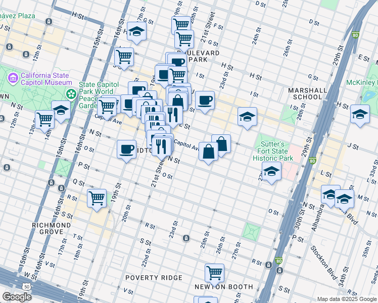 map of restaurants, bars, coffee shops, grocery stores, and more near 2150 Capitol Avenue in Sacramento