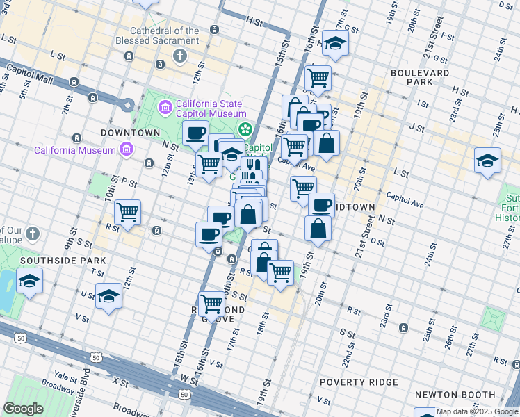 map of restaurants, bars, coffee shops, grocery stores, and more near 1520 16th Street in Sacramento