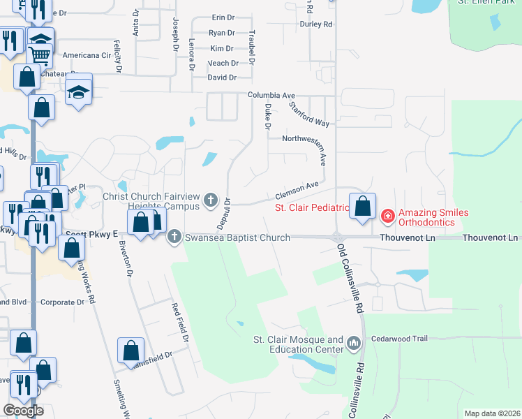 map of restaurants, bars, coffee shops, grocery stores, and more near 847 Clemson Avenue in Fairview Heights