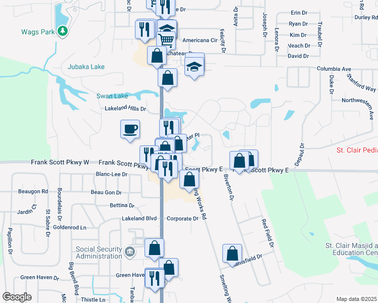 map of restaurants, bars, coffee shops, grocery stores, and more near 100 Winchester Place in Fairview Heights