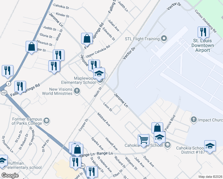 map of restaurants, bars, coffee shops, grocery stores, and more near 706 Jerome Lane in Cahokia