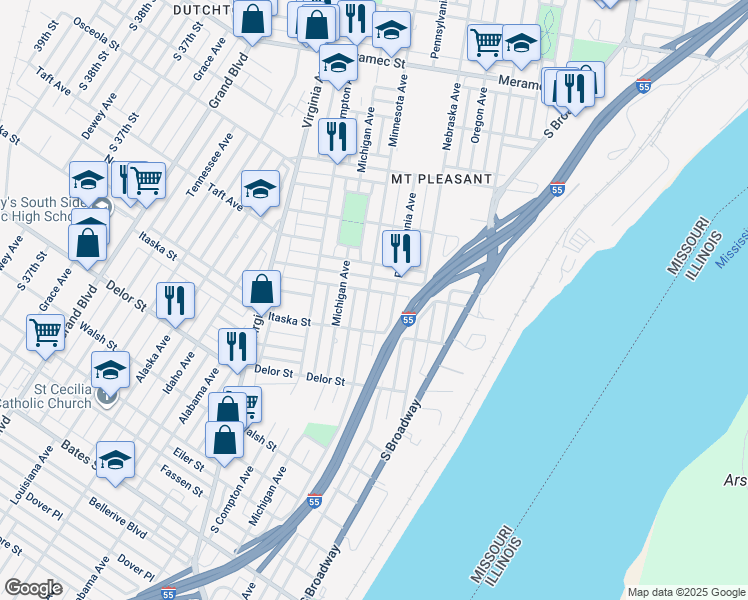 map of restaurants, bars, coffee shops, grocery stores, and more near 3014 Mount Pleasant Street in St. Louis