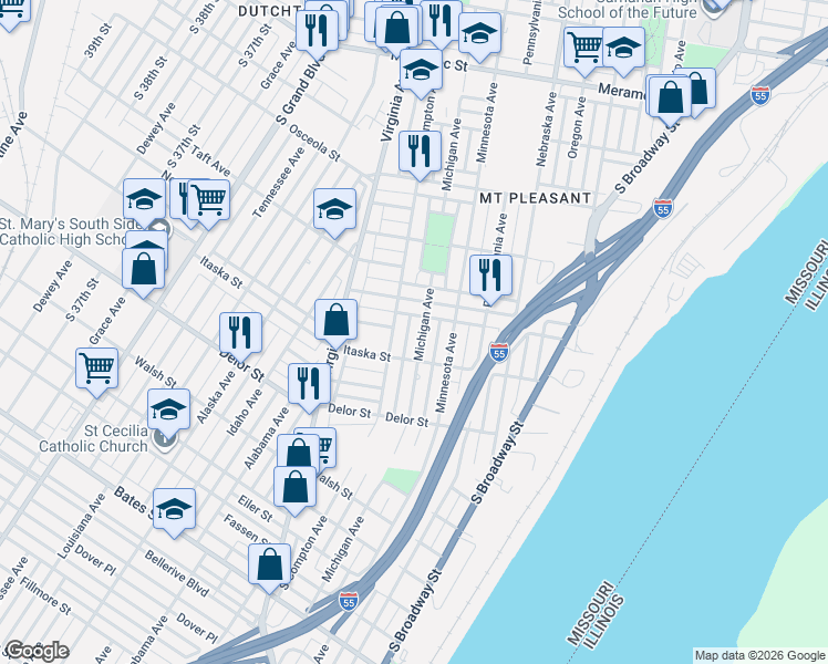 map of restaurants, bars, coffee shops, grocery stores, and more near 4618 Michigan Avenue in St. Louis