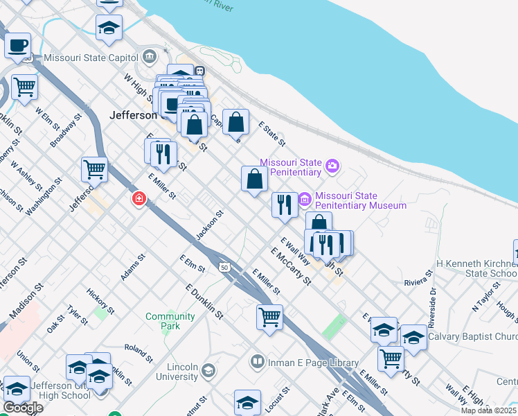 map of restaurants, bars, coffee shops, grocery stores, and more near 529 East High Street in Jefferson City
