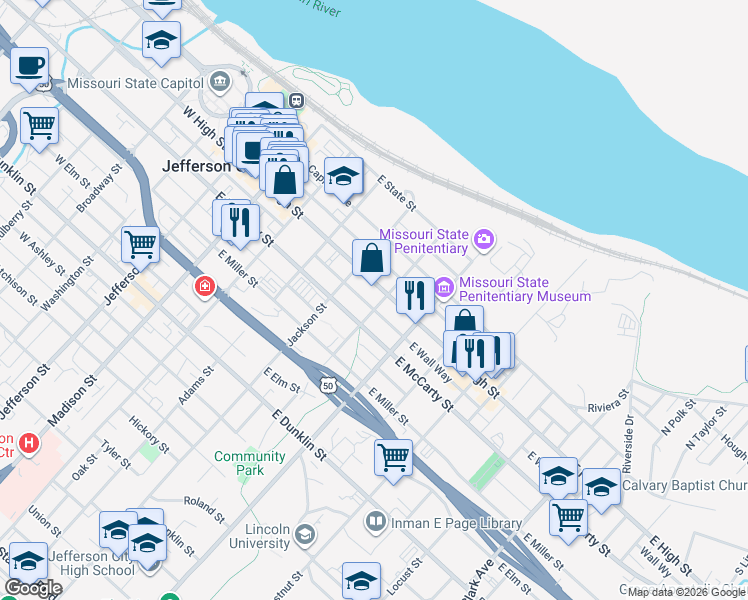 map of restaurants, bars, coffee shops, grocery stores, and more near 529 East High Street in Jefferson City