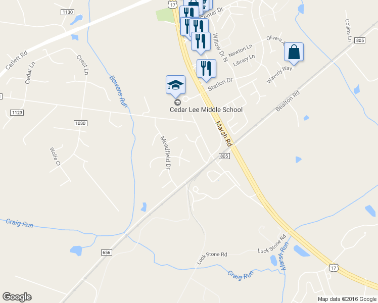 map of restaurants, bars, coffee shops, grocery stores, and more near 11243 Cedar Lee Court in Bealeton