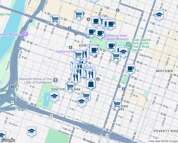 map of restaurants, bars, coffee shops, grocery stores, and more near 1102 Q Street in Sacramento