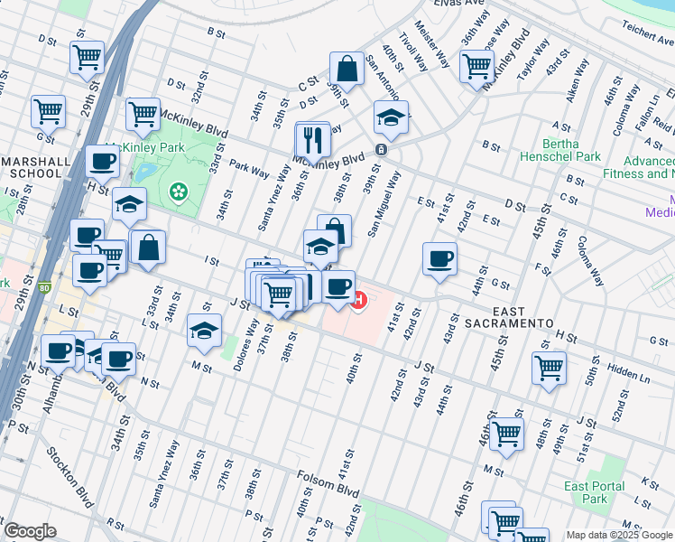 map of restaurants, bars, coffee shops, grocery stores, and more near H Street & 39th Street in Sacramento