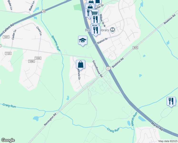 map of restaurants, bars, coffee shops, grocery stores, and more near 11243 Cedar Lee Court in Bealeton