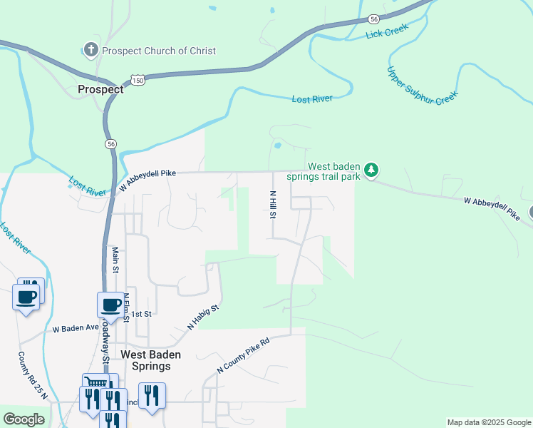 map of restaurants, bars, coffee shops, grocery stores, and more near 7818 West Birch Street in West Baden Springs