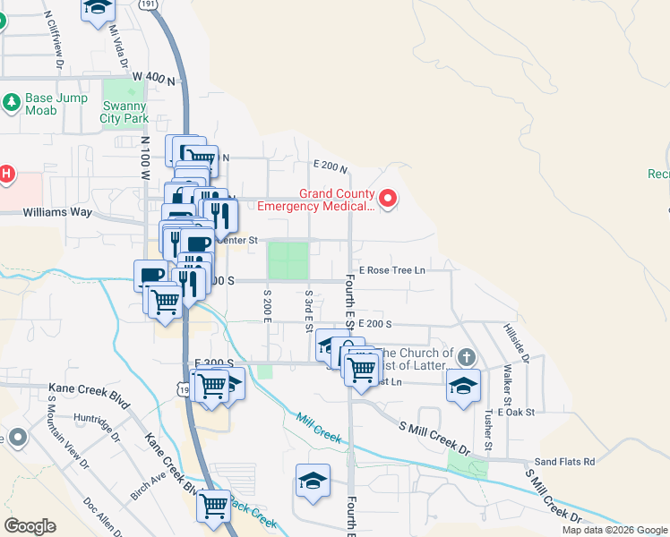 map of restaurants, bars, coffee shops, grocery stores, and more near 46 Fourth East Street in Moab