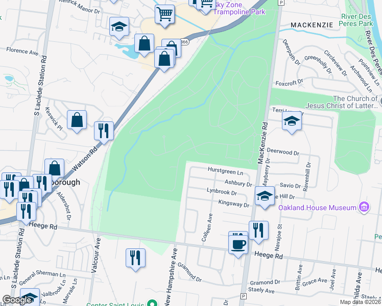 map of restaurants, bars, coffee shops, grocery stores, and more near 6901 Mackenzie Rd in St Louis