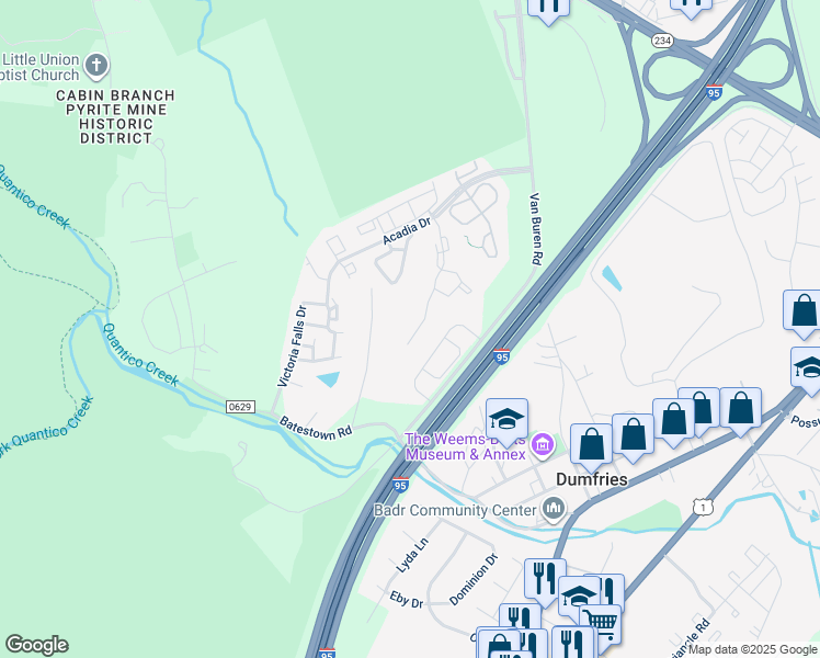 map of restaurants, bars, coffee shops, grocery stores, and more near 17520 Isle Royale Terrace in Dumfries