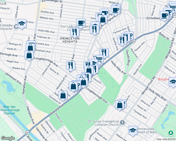 map of restaurants, bars, coffee shops, grocery stores, and more near 4920 Schollmeyer Avenue in St. Louis
