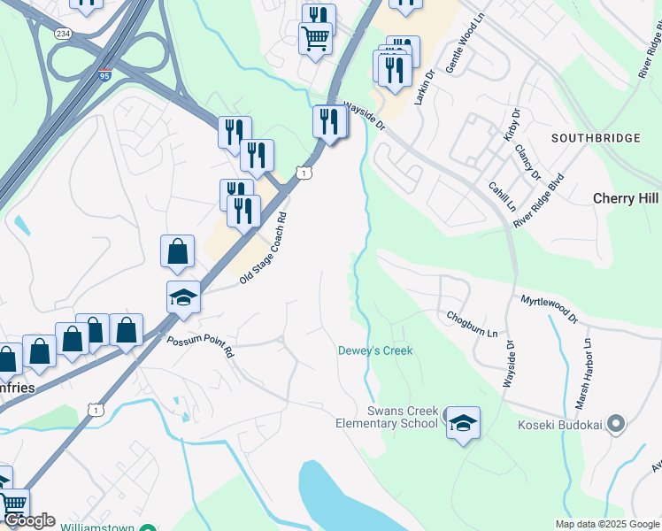 map of restaurants, bars, coffee shops, grocery stores, and more near 17525 Summer Duck Drive in Dumfries