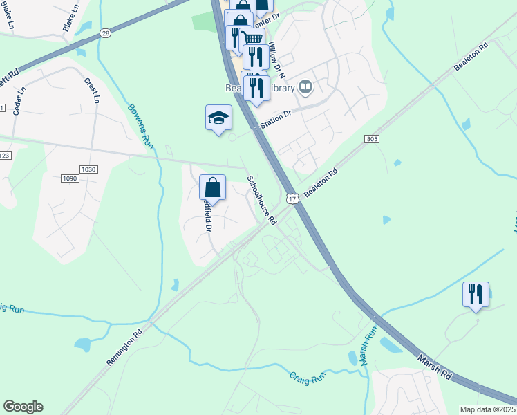 map of restaurants, bars, coffee shops, grocery stores, and more near 6403 Schoolhouse Road in Bealeton