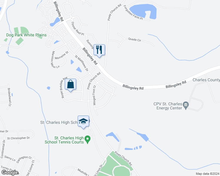 map of restaurants, bars, coffee shops, grocery stores, and more near 11829 Sunset Ridge Place in Waldorf