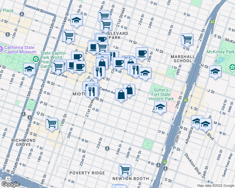 map of restaurants, bars, coffee shops, grocery stores, and more near 2223 Capitol Avenue in Sacramento