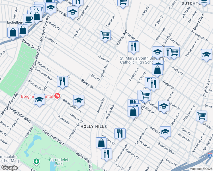 map of restaurants, bars, coffee shops, grocery stores, and more near 5520 Ulena Avenue in St. Louis