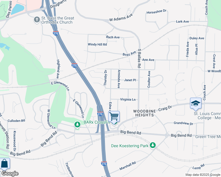 map of restaurants, bars, coffee shops, grocery stores, and more near 1901 Thursby Avenue in Kirkwood