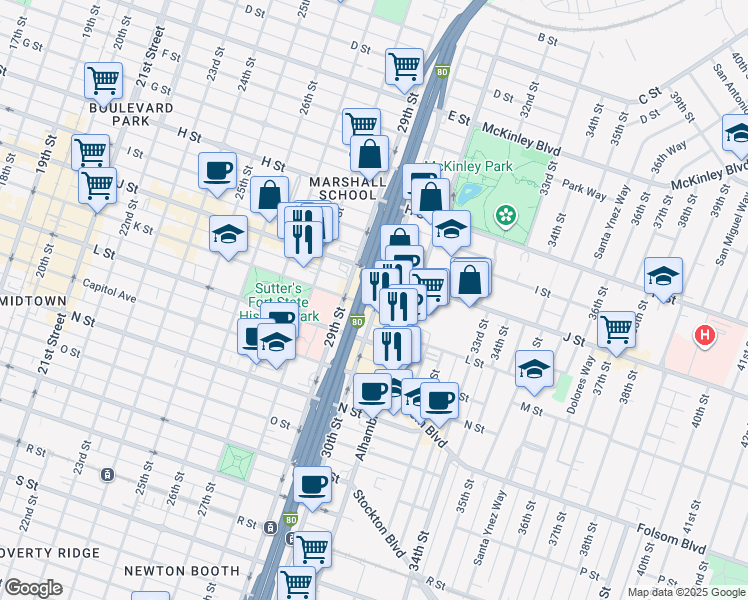 map of restaurants, bars, coffee shops, grocery stores, and more near 2929 K Street in Sacramento