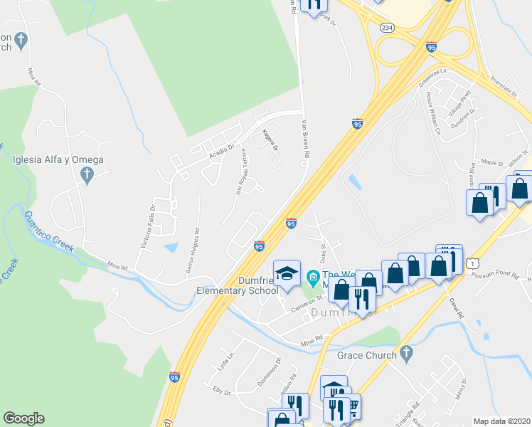 map of restaurants, bars, coffee shops, grocery stores, and more near 4004 Presidential Hill Loop in Dumfries