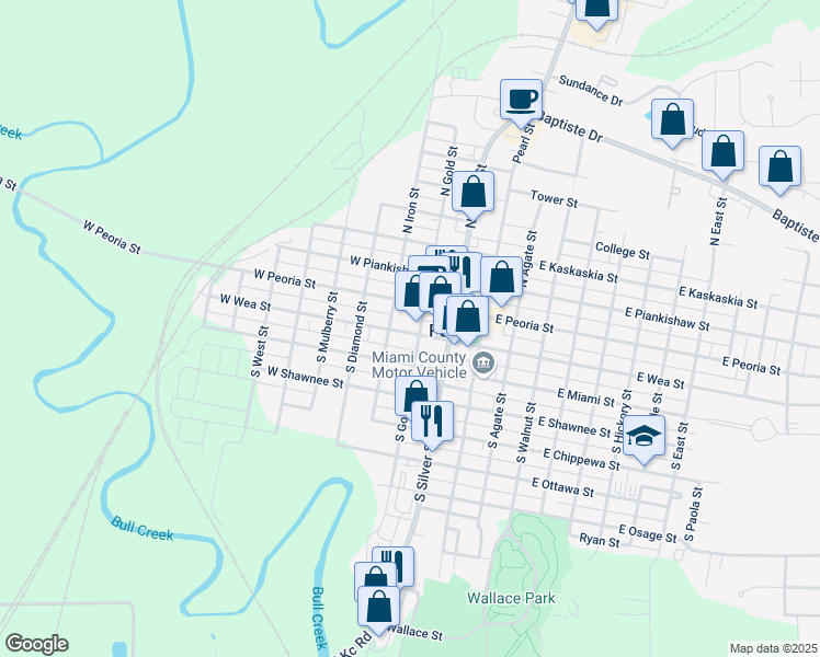 map of restaurants, bars, coffee shops, grocery stores, and more near 202 West Wea Street in Paola