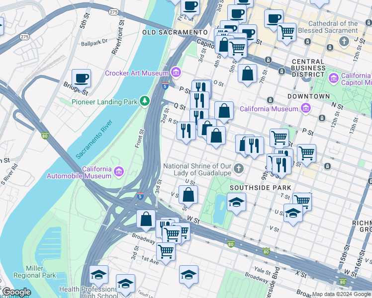 map of restaurants, bars, coffee shops, grocery stores, and more near 360 S Street in Sacramento