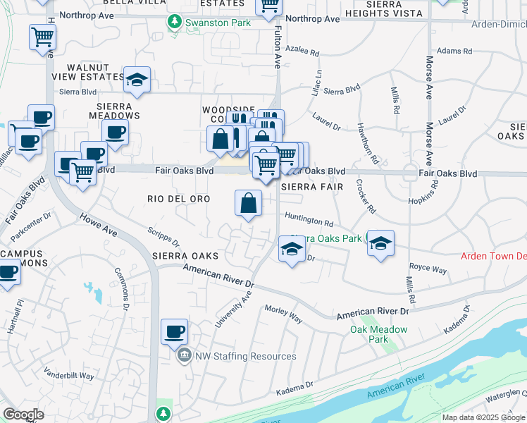 map of restaurants, bars, coffee shops, grocery stores, and more near 2520 Villa Terrace Lane in Sacramento