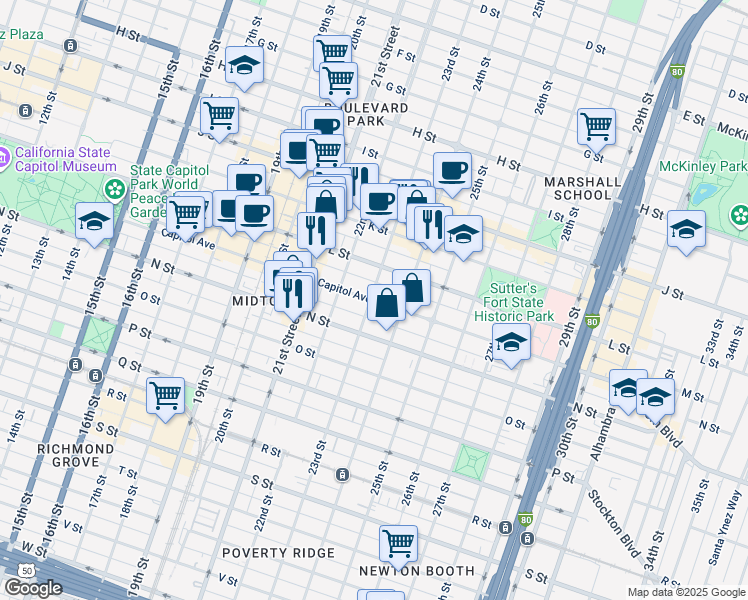 map of restaurants, bars, coffee shops, grocery stores, and more near 2223 Capitol Avenue in Sacramento