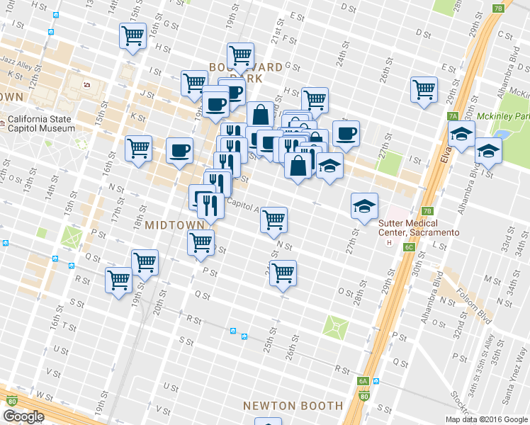 map of restaurants, bars, coffee shops, grocery stores, and more near 2223 Capitol Avenue in Sacramento