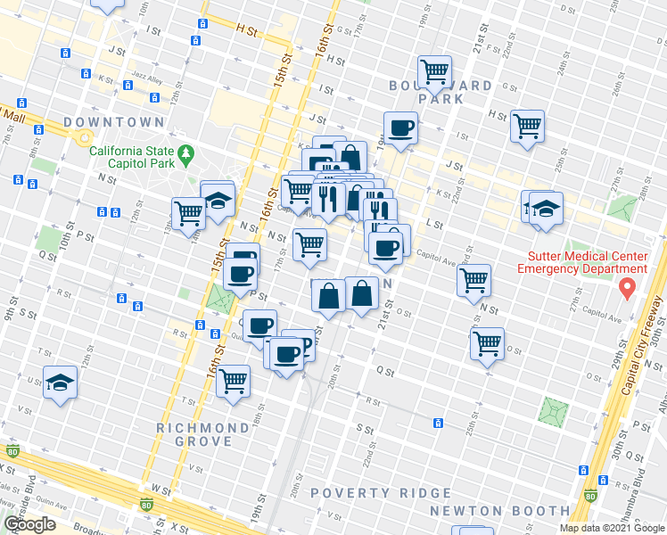 map of restaurants, bars, coffee shops, grocery stores, and more near 1830 N Street in Sacramento
