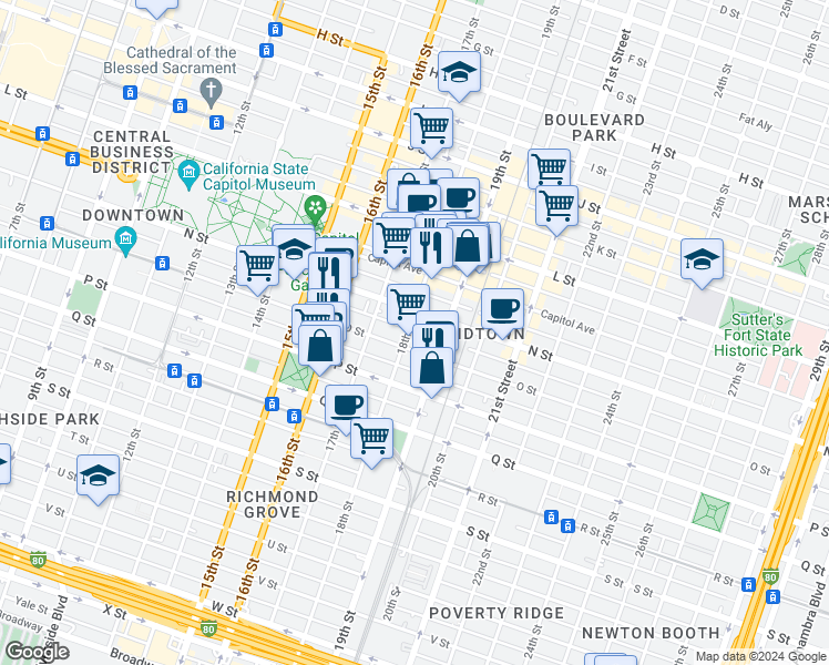 map of restaurants, bars, coffee shops, grocery stores, and more near 1414 18th Street in Sacramento