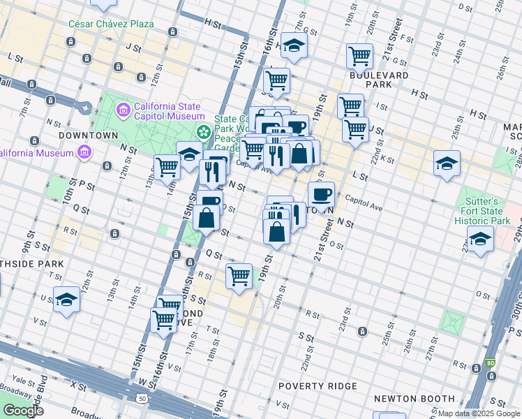 map of restaurants, bars, coffee shops, grocery stores, and more near 1414 18th Street in Sacramento