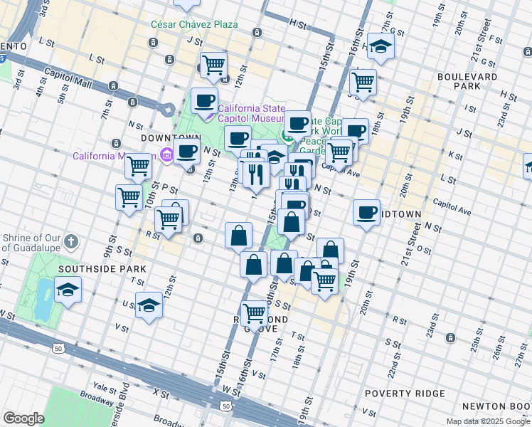 map of restaurants, bars, coffee shops, grocery stores, and more near 1514 15th Street in Sacramento