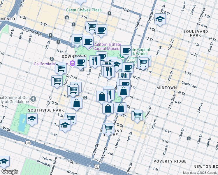 map of restaurants, bars, coffee shops, grocery stores, and more near 1331 P Street in Sacramento