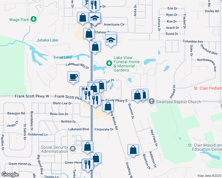 map of restaurants, bars, coffee shops, grocery stores, and more near 100 Winchester Place in Fairview Heights
