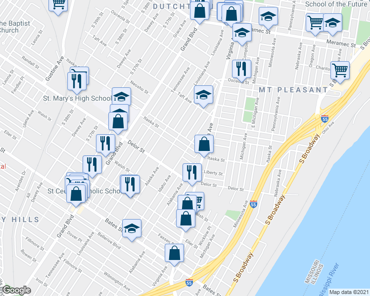 map of restaurants, bars, coffee shops, grocery stores, and more near in St. Louis