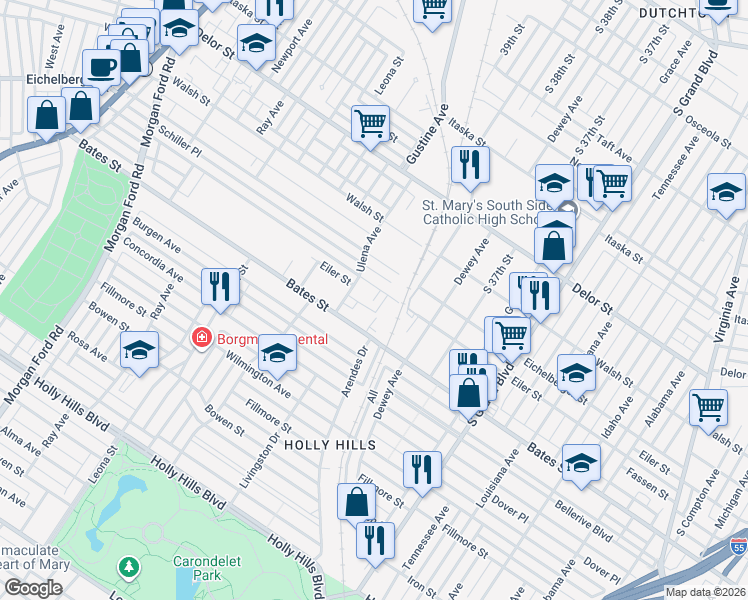 map of restaurants, bars, coffee shops, grocery stores, and more near 5520 Ulena Avenue in St. Louis