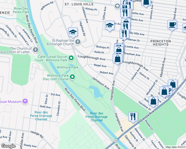map of restaurants, bars, coffee shops, grocery stores, and more near 7028 Jamieson Avenue in St. Louis