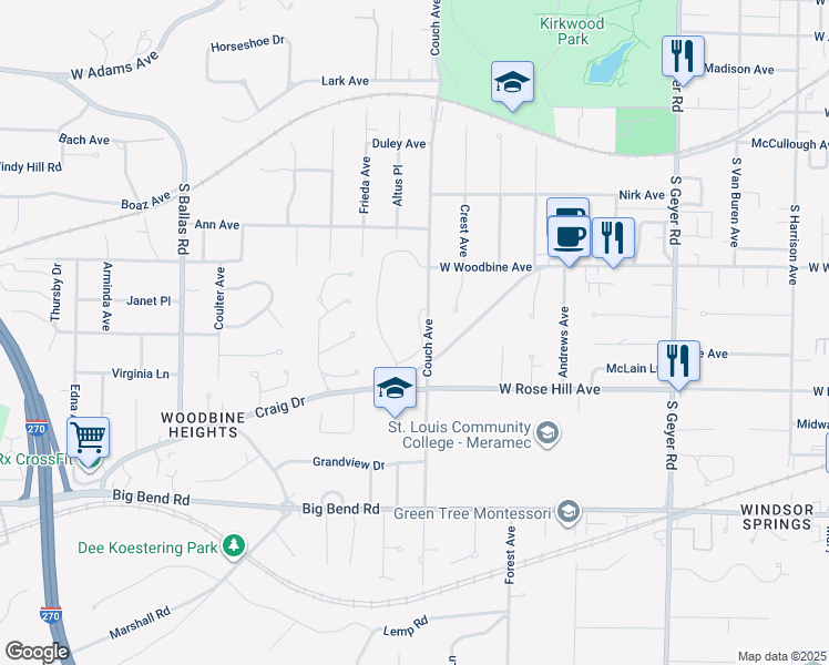 map of restaurants, bars, coffee shops, grocery stores, and more near 525 Couch Avenue in Kirkwood