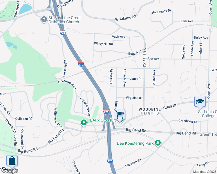 map of restaurants, bars, coffee shops, grocery stores, and more near 1901-1999 Thursby Avenue in Kirkwood
