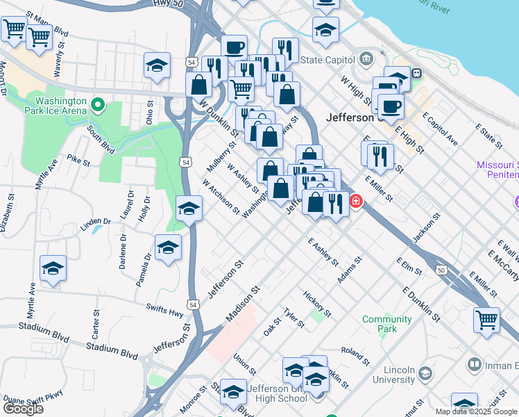 map of restaurants, bars, coffee shops, grocery stores, and more near 801 Washington Street in Jefferson City