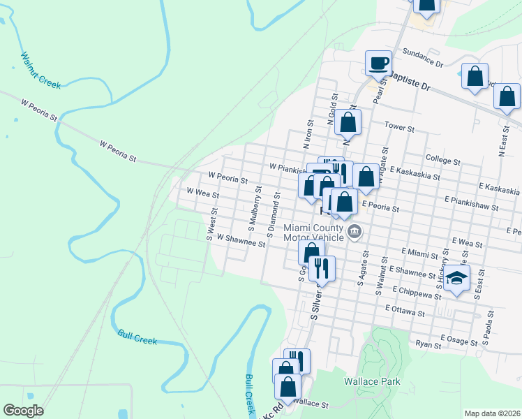 map of restaurants, bars, coffee shops, grocery stores, and more near 501 West Wea Street in Paola