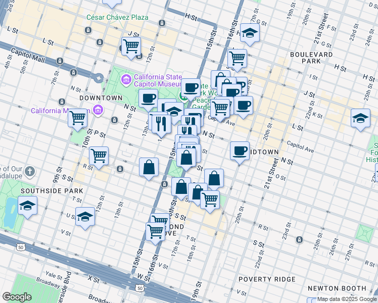 map of restaurants, bars, coffee shops, grocery stores, and more near 1520 16th Street in Sacramento