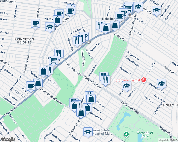 map of restaurants, bars, coffee shops, grocery stores, and more near 6203 Federer Street in St. Louis